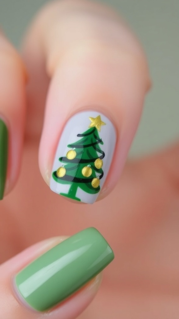 Simple and Classy Christmas Tree Nail Art Close-up of Christmas tree nail art with green tree and gold decorations on a neutral background.